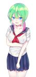  1girl absurdres artist_request blue_eyes blush breasts green_hair highres huge_breasts lipstick_mark multicolored_hair open_mouth school_uniform uniform wet wet_clothes 