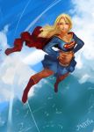  artist_name blonde_hair blue_eyes boots cape clouds crop_top dc_comics flying full_body hands_on_hips jintetsu knee_boots long_hair looking_at_viewer midriff skirt sky supergirl water 