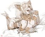  1girl animal_ears ass breast_press breasts claws cleavage elbow_gloves fate/grand_order fate_(series) finger_to_tongue fur-trimmed_gloves fur-trimmed_legwear fur_trim gloves hair_over_one_eye jpeg_artifacts legs_up lying monochrome no_shoes o-ring_bottom o-ring_top on_stomach shielder_(fate/grand_order) solo tail tongue tongue_out wolf_ears wolf_tail yang-do 