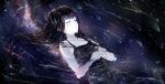  1girl black_hair breasts cleavage closed_eyes collarbone hands_together highres karo_karo long_hair lying milky_way on_back original partially_submerged sky solo star_(sky) starry_sky water 