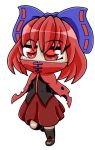  1girl :o animated animated_gif black_legwear blue_bow bow cape chibi commentary daniel_renard dress hair_bow high_collar open_mouth pleated_skirt red_dress red_eyes redhead seamless_loop sekibanki skirt solo torn_clothes transparent_background walking 
