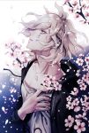  1boy branch cherry_blossoms coat collarbone dangan_ronpa hand_on_own_chest highres komaeda_nagito looking_up male_focus messy_hair open_clothes open_coat parted_lips petals profile super_dangan_ronpa_2 tree_branch upper_body white_hair z-epto_(chat-noir86) 