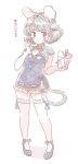  1girl alternate_costume animal_ears chinese_clothes chinese_food commentary_request ear_covers full_body grey_hair jewelry mitsumoto_jouji mouse_ears mouse_tail nazrin pendant red_eyes short_hair solo tail thigh-highs touhou translation_request white_background white_legwear zettai_ryouiki 