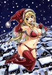  1girl absurdres armpits bikini blonde_hair blush boots breasts brown_eyes carrying_over_shoulder cleavage elbow_gloves fairy_tail full_body fur-trimmed_bikini fur_trim gloves hat high_heel_boots high_heels highres large_breasts long_hair looking_at_viewer lucy_heartfilia mashima_hiro navel night not_for_sale official_art open_mouth outline red_bikini red_boots red_legwear santa_costume santa_hat side-tie_bikini smile snowing solo swimsuit thigh-highs thigh_boots twintails 