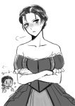  asada_ryou assassin&#039;s_creed:_syndicate assassin&#039;s_creed_(series) bare_shoulders blush chibi_inset collarbone dress evie_frye freckles henry_green monochrome short_hair 