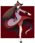  1girl 2016 absurdly_long_hair animal_ears bare_legs black_shoes brooch brown_hair dated dress fingernails full_body hair_over_one_eye highres imaizumi_kagerou jewelry long_hair long_sleeves looking_at_viewer nail_polish namataro one_eye_covered red_background red_eyes red_nails red_skirt sharp_fingernails shoes simple_background skirt smirk solo tail touhou very_long_hair white_dress wide_sleeves wolf_ears wolf_tail 
