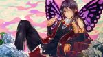  1boy black_hair butterfly butterfly_wings character_request detached_sleeves dripping flower highres kimpeul leaning mabinogi male_focus pointy_ears red_eyes sleeves_past_wrists solo wet wings 