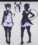  1girl absurdres armpits arms_up ass black_hair boots breasts dark_skin demon_girl demon_horns demon_tail groin high_heel_boots high_heels highres horns looking_at_viewer navel original red_eyes short_hair simple_background smile solo tail thigh-highs thigh_boots under_boob unsomnus 