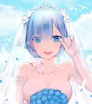  1girl :d bangs bare_shoulders bird blue_eyes blue_hair blue_rose blunt_bangs bouquet breasts bridal_veil cleavage clouds cloudy_sky collarbone crying crying_with_eyes_open dress earrings elbow_gloves eyebrows eyebrows_visible_through_hair eyes_visible_through_hair flock flower gloves hair_flower hair_ornament hair_over_one_eye happy happy_tears holding holding_bouquet jewelry light_particles looking_at_viewer medium_breasts necklace open_mouth petals re:zero_kara_hajimeru_isekai_seikatsu rem_(re:zero) rose short_hair sky smile solo strapless streaming_tears tears teeth tiara upper_body veil wedding_dress white_gloves white_rose wiping_tears yue_(pixiv4635680) 