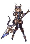  1girl armor armored_boots blonde_hair boots brown_eyes djeeta_(granblue_fantasy) full_body gauntlets granblue_fantasy helmet holding holding_weapon looking_at_viewer minaba_hideo pauldrons polearm short_hair simple_background skirt smile solo spear thigh-highs weapon zettai_ryouiki 