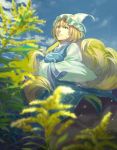  1girl animal_ears bangs blonde_hair blue_sky blurry breasts closed_mouth clouds day depth_of_field dutch_angle fox_ears fox_tail frills from_below hands_in_sleeves hat hidebo highres kyuubi long_sleeves looking_away medium_breasts multiple_tails outdoors pillow_hat plant shade sky smile solo standing tabard tail tassel touhou wide_sleeves wind yakumo_ran yellow_eyes 