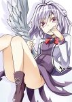  1girl aki_chimaki bow bowtie brooch closed_mouth dress jacket jewelry kishin_sagume long_sleeves no_panties purple_dress red_eyes short_hair silver_hair solo touhou white_background wings 
