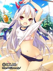  1girl blue_ribbon bra bracelet buruma eyebrows eyebrows_visible_through_hair groin gym_uniform hair_ribbon horns jewelry long_hair navel open_mouth original outdoors panties pink_bra pink_panties ribbon saeki_touma side-tie_panties silver_hair solo underwear valhalla_valkyries 