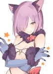  1girl :d animal_costume animal_ears bare_shoulders bow breast_rest breasts claws cleavage crossed_arms elbow_gloves fate/grand_order fate_(series) fingernails fur-trimmed_gloves fur_collar fur_trim gloves hair_over_one_eye long_fingernails looking_at_viewer lpip medium_breasts navel o-ring_top open_mouth purple_hair red_bow revealing_clothes shielder_(fate/grand_order) short_hair simple_background smile solo star stomach underwear upper_body violet_eyes white_background wolf_costume wolf_ears 
