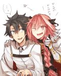  2boys black_hair blue_eyes character_request fate/grand_order fate_(series) grin hand_on_another&#039;s_shoulder long_hair male_protagonist_(fate/grand_order) multiple_boys pink_eyes pink_hair ponytail smile sweatdrop thumbs_up 