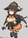  1girl assault_rifle black_hair black_legwear black_ribbon blush bow bowtie breasts brown_eyes cape cleavage closed_mouth copyright_name cowboy_shot frilled_skirt frills gun halloween halloween_costume hat holding holding_gun holding_weapon howa_type_89 jack-o&#039;-lantern large_breasts leaning_forward long_sleeves looking_at_viewer orange_skirt over-kneehighs ribbon rick_g_earth rifle short_hair shuuichi skirt smile solo thigh-highs thigh_strap weapon witch_hat yellow_bow yellow_bowtie 
