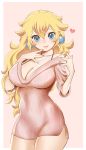  1girl blonde_hair blue_eyes breasts cleavage highres jewelry looking_at_viewer super_mario_bros. necklace no_pants princess_peach ring smile solo super_mario_bros. sweater zabumaku 