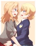  2girls black_necktie blonde_hair blue_eyes blush braid commentary_request darjeeling girls_und_panzer highres kapatarou kay_(girls_und_panzer) long_sleeves looking_at_another multiple_girls necktie open_mouth school_uniform short_hair sleeves_rolled_up yuri 