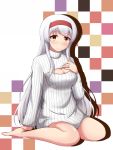  1girl alternate_costume breasts brown_eyes checkered checkered_background cleavage cleavage_cutout hachimaki headband kantai_collection long_hair looking_at_viewer open-chest_sweater ribbed_sweater shoukaku_(kantai_collection) sitting smile solo sweater wariza white_hair yukimi_unagi 