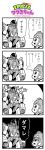  1girl 4koma :3 bkub blue_comet_spt_layzner comic greyscale highres layzner mecha monochrome original simple_background translated turn_pale two-tone_background 