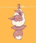  =_= blush clothes_pin clothesline eevee full_body hanging looking_at_viewer lovewolf5122 no_humans orange_background pokemon pokemon_(creature) simple_background solo spread_legs 