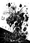  1girl chibi commentary_request final_fantasy final_fantasy_vi greyscale high_contrast highres magitek_armor mecha monochrome moogle nakayama_atsushi ponytail print_legwear tina_branford 