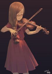  1girl absurdres black_background bow_(instrument) braid brown_hair closed_eyes dated dress glasses highres instrument light_smile long_hair music neck_ribbon original playing_instrument red_dress ribbon signature simple_background single_braid solo violin zennosuke 