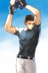  1boy ace_of_diamond baseball_uniform belt black_gloves closed_eyes gloves headwear_removed helmet helmet_removed male_focus pants parted_lips skin_tight sky sportswear sweat white_pants yuuki_tetsuya 