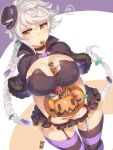  1girl ? between_breasts blush braid breasts buckle candy capelet choker cleavage cleavage_cutout garter_straps hair_ornament halloween halloween_costume hat jack-o&#039;-lantern kantai_collection large_breasts lollipop long_hair mini_hat mini_top_hat open_mouth silver_hair single_braid skirt solo spoken_question_mark striped striped_legwear thigh-highs top_hat unryuu_(kantai_collection) yamaarashi 