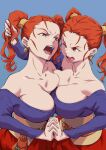  2girls absurdres arad_baranga belt_pouch blue_background breast_press breasts brown_eyes catfight collarbone dragon_quest earrings grabbing_another&#039;s_hair highres jessica_albert jewelry large_breasts long_hair looking_at_another multiple_girls off_shoulder one_eye_closed open_mouth orange_hair pouch selfcest simple_background single_earring teeth tongue twintails 