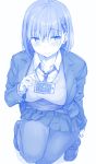  1girl ai_(himura_kiseki) blue blush braid breasts cellphone getsuyoubi_no_tawawa highres hiromochi_(hiro39ra1) large_breasts monochrome necktie pantyhose phone short_hair side_braid simple_background smartphone smile solo tawawa_challenge translation_request white_background 