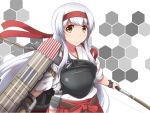  1girl bow_(weapon) brown_eyes flight_deck hachimaki hakama_skirt headband holding honeycomb_background kantai_collection long_hair looking_at_viewer machinery muneate remodel_(kantai_collection) shoukaku_(kantai_collection) smile solo weapon white_hair yukimi_unagi 