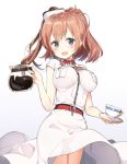  1girl :d anchor belt blue_eyes blush breast_pocket breasts brown_hair coffee coffee_cup coffee_pot commentary_request cowboy_shot dress hair_between_eyes kantai_collection large_breasts looking_at_viewer open_mouth saratoga_(kantai_collection) shima_(shima_je) side_ponytail smile solo white_background white_dress 