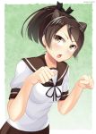  1girl animal_ears brown_eyes brown_hair cat_ears chestnut_mouth clenched_hand kankitsunabe_(citrus) kantai_collection leaning_forward open_mouth paw_pose ponytail school_uniform serafuku shikinami_(kantai_collection) short_hair standing 