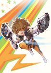  1girl :d bangs blackball bodysuit brown_eyes brown_gloves brown_hair brown_jacket cosplay cropped_jacket dual_wielding gloves goggles granblue_fantasy gun hair_between_eyes harbin holding holding_gun holding_weapon open_mouth outline overwatch pointy_ears shoes short_hair short_sleeves sierokarte simple_background smile solo star tracer_(overwatch) tracer_(overwatch)_(cosplay) weapon white_background white_shoes 