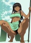  1girl anklet ass bare_shoulders barefoot black_hair breasts dark_skin earrings holding holding_weapon hyouju_issei jewelry long_hair looking_at_viewer midriff navel necklace original polearm smile solo squatting tribal under_boob weapon yellow_eyes 