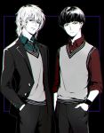  2boys arms_at_sides bangs black_background black_necktie blazer blue_eyes blunt_bangs bowl_cut buttons changye closed_mouth collared_shirt cowboy_shot dress_shirt frown hair_between_eyes hanazawa_teruki hand_in_pocket jacket kageyama_shigeo long_sleeves looking_at_viewer looking_down male_focus mob_psycho_100 multiple_boys necktie older open_blazer open_clothes open_jacket outside_border pants red_shirt shirt sleeves_rolled_up smirk striped striped_necktie sweater unbuttoned wristband 