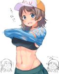  3girls abs baseball_cap blue_eyes brown_hair hat love_live! love_live!_sunshine!! multiple_girls navel robin16 sakurauchi_riko takami_chika undressing watanabe_you wet wet_clothes 