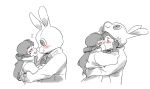  2girls animal_costume animal_ears blush blush_stickers bunny_costume closed_eyes d.va_(overwatch) facepaint facial_mark fingerless_gloves flying_sweatdrops freckles gloves greyscale hand_on_another&#039;s_head hands_on_another&#039;s_chest headphones headphones_around_neck hug jacket kiss long_hair monochrome multiple_girls open_mouth overwatch rabbit_ears short_hair simple_background sweatdrop tracer_(overwatch) upper_body whisker_markings white_background yuri 