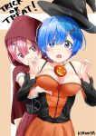  2girls alternate_costume artist_name blue_eyes blue_hair breast_grab breasts covered_mouth d: grabbing hair_ornament halloween halloween_costume hat multiple_girls open_mouth pumpkin ram_(re:zero) re:zero_kara_hajimeru_isekai_seikatsu red_eyes redhead rem_(re:zero) short_hair siblings sisters trick_or_treat twins x_hair_ornament 