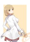  1girl breasts brown_eyes brown_hair energy_gun gloves hair_ornament hairclip hand_on_hip highres labcoat large_breasts medium_breasts narusawa_ryouka occultic;nine ray_gun short_hair skirt solo thigh-highs weapon white_gloves white_legwear wujia_xiaozi 