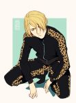  1boy artist_request blonde_hair green_eyes highres jacket looking_at_viewer pants serious short_hair sitting solo squatting tagme track_jacket track_pants track_suit yuri!!!_on_ice yuri_plisetsky 