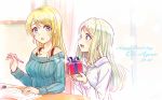 2girls :d :o ayase_arisa ayase_eli blonde_hair blue_eyes box bra_strap character_name commentary_request dated eraser gift gift_box hair_down happy_birthday homework hood hood_down long_hair long_sleeves looking_at_another love_live! love_live!_school_idol_project mechanical_pencil multiple_girls open_mouth pencil ribbed_sweater siblings sisters sitting smile sweater wedo 