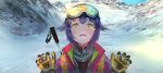  1girl gloves goggles highres idolmaster idolmaster_cinderella_girls jacket koshimizu_sachiko mountain p-rus purple_hair scarf snow tears wavy_mouth yellow_eyes 