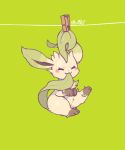  ^_^ biting blush closed_eyes clothes_pin clothesline full_body green green_background hanging leafeon looking_at_viewer lovewolf5122 mouth_hold no_humans pokemon pokemon_(creature) simple_background solo tail tail_biting 