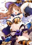  1girl 218 :d ;d armpits beatrix_(granblue_fantasy) blurry breasts brown_eyes brown_hair candy cleavage depth_of_field detached_sleeves granblue_fantasy hand_on_headwear hat long_hair looking_at_viewer navel one_eye_closed open_mouth smile solo striped striped_legwear thigh-highs wind witch_hat 