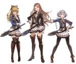  3girls blonde_hair bow bowtie brown_eyes brown_hair catalina_(granblue_fantasy) detached_sleeves farrah_(granblue_fantasy) full_body granblue_fantasy grey_eyes hand_on_hip headband long_hair looking_at_viewer minaba_hideo multiple_girls open_mouth pantyhose pleated_skirt short_hair silver_hair simple_background skirt smile standing sword thigh-highs uniform vira weapon white_background zettai_ryouiki 