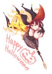  1girl black_gloves black_hat black_legwear blush breasts broom broom_riding brown_eyes brown_hair character_request cleavage closed_mouth collarbone dev dungeon_and_fighter elbow_gloves english eyebrows eyebrows_visible_through_hair finger_to_mouth fire flame from_above full_body gem gloves hair_between_eyes halloween happy_halloween hat high_heels highres jack-o&#039;-lantern long_pointy_ears medium_breasts pantyhose pointy_ears shoes simple_background smile solo sparkle white_background witch witch_hat yellow_shoes 
