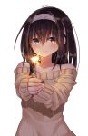  1girl artist_name black_hair blue_eyes blush collarbone fingernails fireworks foreshortening hairband highres idolmaster idolmaster_cinderella_girls idolmaster_cinderella_girls_starlight_stage jewriel long_hair off-shoulder_sweater ribbed_sweater sagisawa_fumika smile solo sparkler sweater 