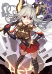  1girl ahoge axe black_legwear blush breasts doraf elbow_gloves gloves granblue_fantasy grey_hair hair_between_eyes hand_on_hip highres horns large_breasts long_hair looking_at_viewer open_mouth red_eyes ririko_(zhuoyandesailaer) sarasa_(granblue_fantasy) skirt smile solo thigh-highs weapon 